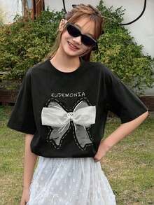 Short-Sleeved T-Shirt For Teenagers, Round Neck, Letter And Bow Print, Casual And Versatile Style For Everyday Use - Urban Vintage Style, Unisex, Loose Fit, Cotton, With Round Neck. - 黑色 - 查看 5