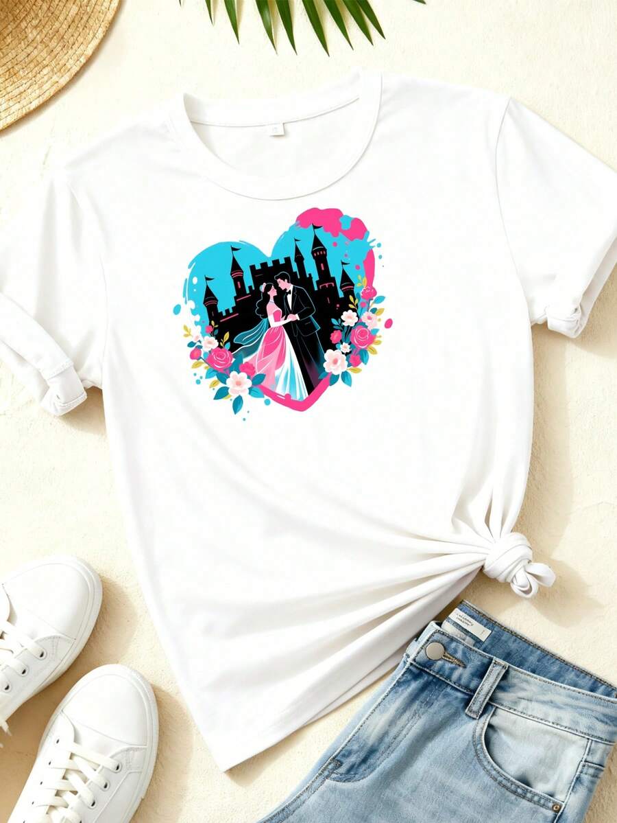 Camiseta de manga corta con cuello de tulación negro y blanco de las mujeres | Camiseta de verano casual, castillo romántico suave y transpirable versátil para el hogar, vies y - regalo perfecto para el día de San Valentín y Pascua, camiseta de mujer transpirable OOTD