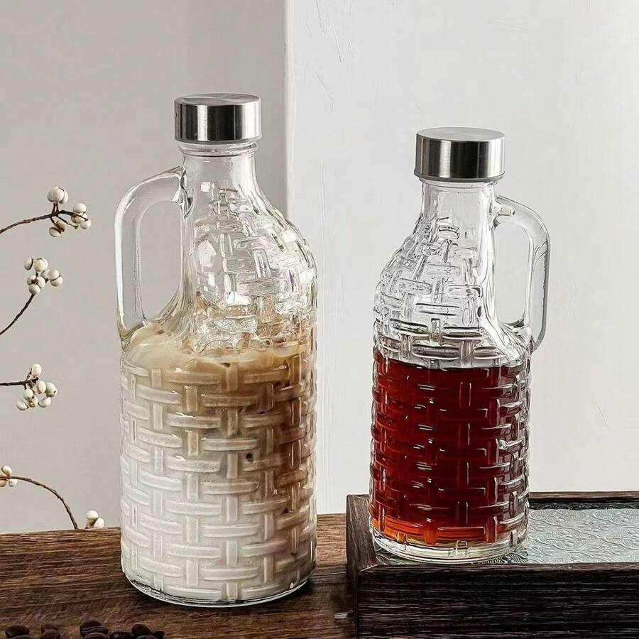 耐热玻璃大容量水壶,编织纹理,带把手,冷水壶,家用茶壶,可盛果汁,不锈钢盖 - 彩色 - 查看 1