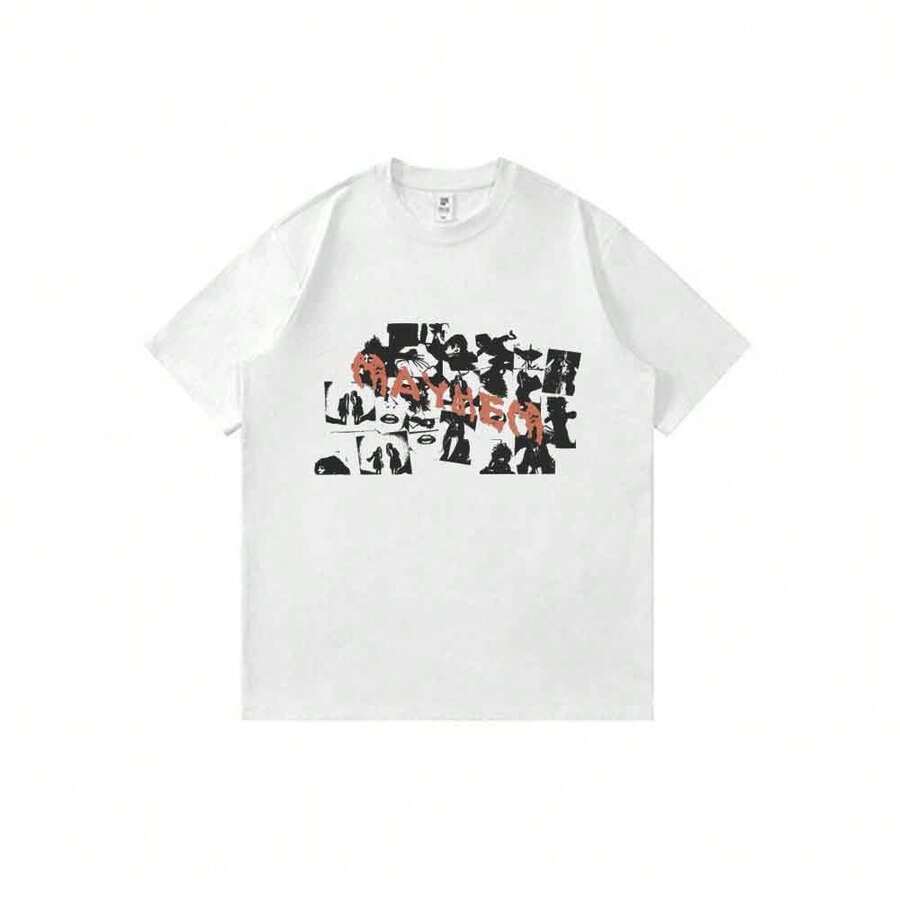 Camiseta unisex ligera de manga corta con estampado de figuras de anime clásico de Ladys Gagas, estilo collage de la era Mayhem. - Blanco - Ver 1