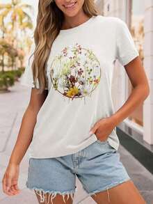 Camiseta de manga corta con cuello redondo y estampado floral para mujer, corte holgado, estilo gráfico, color blanco (2) - Estilo vintage urbano, unisex, de algodón 100% puro. - Blanco - Ver 7
