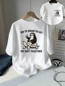 Camiseta de Mujer con Estampado de Perezoso y Tortuga - Diseño Adorable de Cara de Perezoso y Tortuga, Manga Corta, Cuello Redondo, Blusa Casual de Primavera Verano para Atuendos Informales, Camiseta con Estampado de Animales Cómoda y Lavable a Máquina para Ropa de Todo el Año, Camiseta Y2k - Blanco - Ver 1