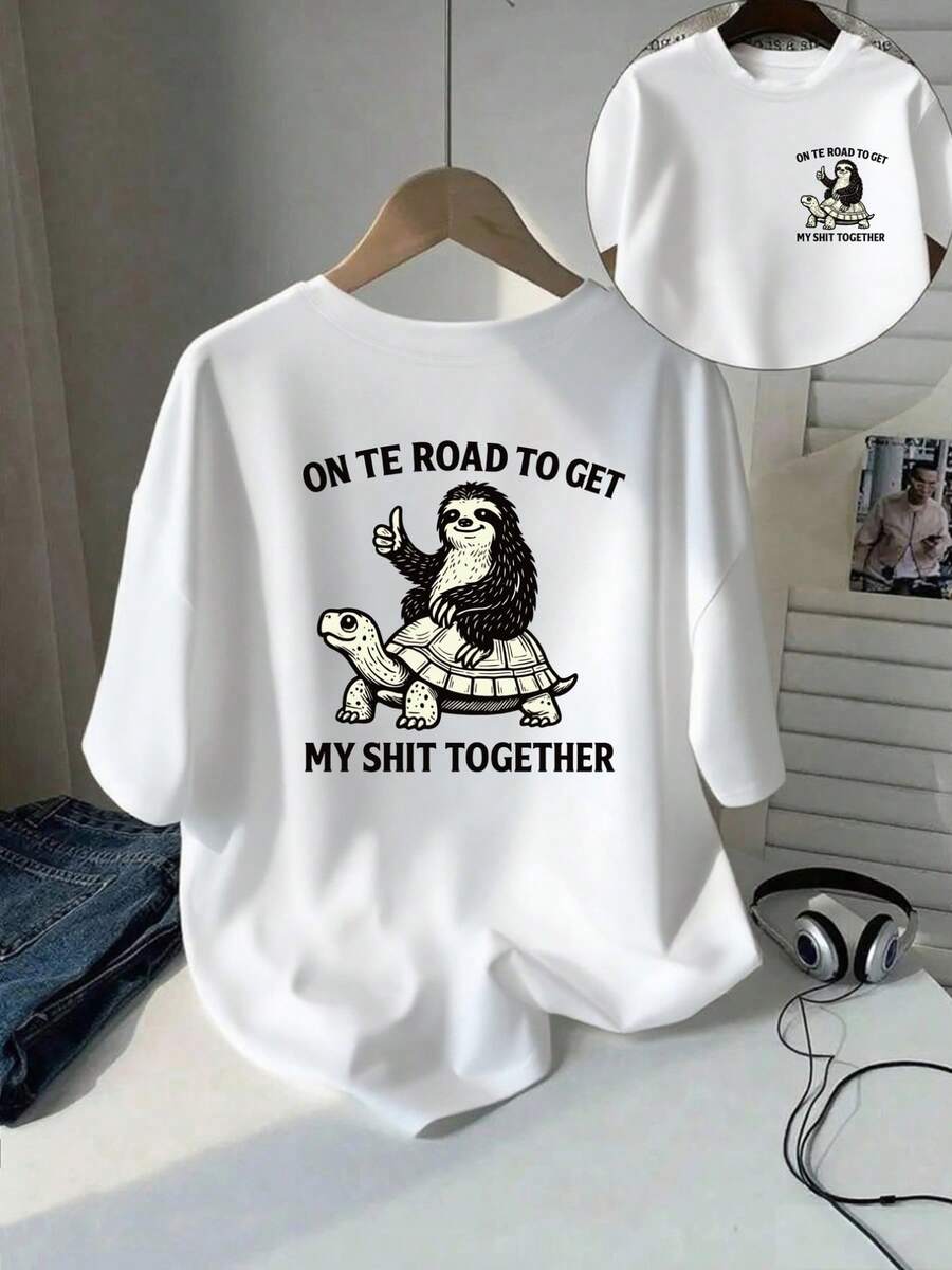 Camiseta de Mujer con Estampado de Perezoso y Tortuga - Diseño Adorable de Cara de Perezoso y Tortuga, Manga Corta, Cuello Redondo, Blusa Casual de Primavera Verano para Atuendos Informales, Camiseta con Estampado de Animales Cómoda y Lavable a Máquina para Ropa de Todo el Año, Camiseta Y2k - Blanco - Ver 1