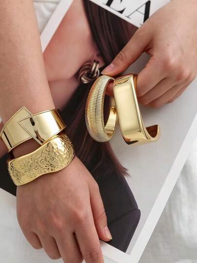 1-4 Items New Gold Bracelet Set. Features Include Smooth Design, Square Geometric Bracelet, Hammered Texture Bracelet, And Striped Texture Bracelet. Made From High-Quality Resin Material And Treated With UV Electroplating. Suitable For Women To Wear Daily, At Parties, While Shopping, On The Beach, At The Seaside, Or During Vacations. It Can Also Be A Gift For Friends, Family, And Wives.