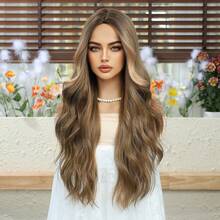 [Velvet Locks]Peluca Lolita Negra para Mujeres, Peluca Larga con Ondas Corporales, Peluca Sintética Resistente al Calor, Peluca Rizada de 28 Pulgadas/70cm con Flequillo, Peluca de Cosplay para Uso Diario y Fiestas - Caqui - Ver 4