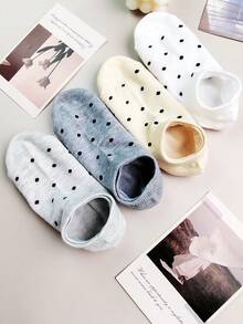 1/5 Pairs Women Polka Dot Casual Boat Socks, Black/White Invisible Short Ankle Socks, Polka Dot Invisible Socks, Random Color (No Cardboard) - Multicolor - View 2