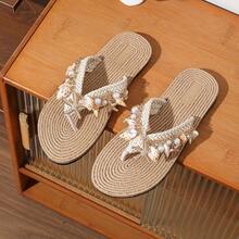 Elegant Bohemian Style Shell & Starfish Embellished Sandals, Fashionable & Chic For Beach, Party, Holiday, Suitable For Summer - Beige - View 3