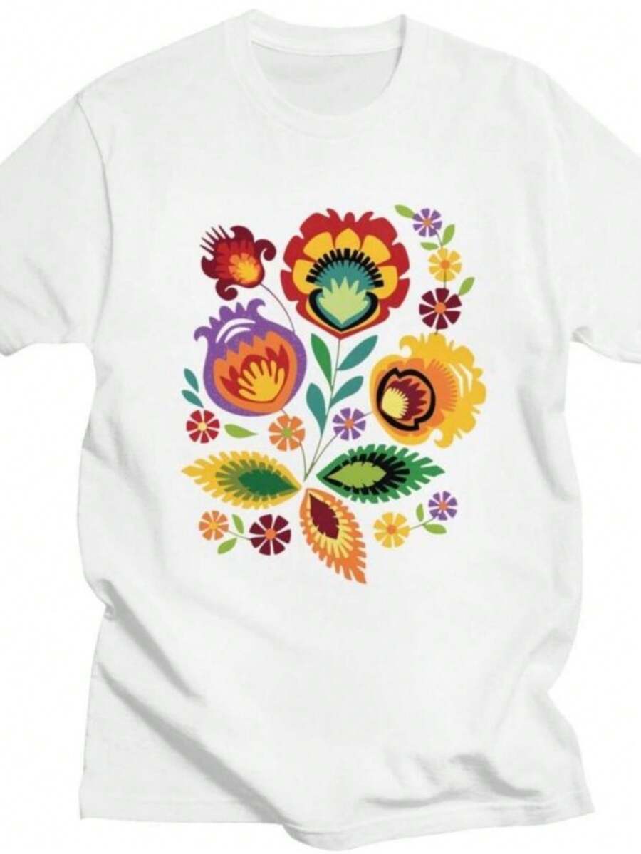 2026 Custom Mens Polish Folk Flowers Women T Shirts Short-Sleeve Cotton T-Shirt Casual Poland Floral Art Tee Loose Fit Clothing - 白色 - 查看 1