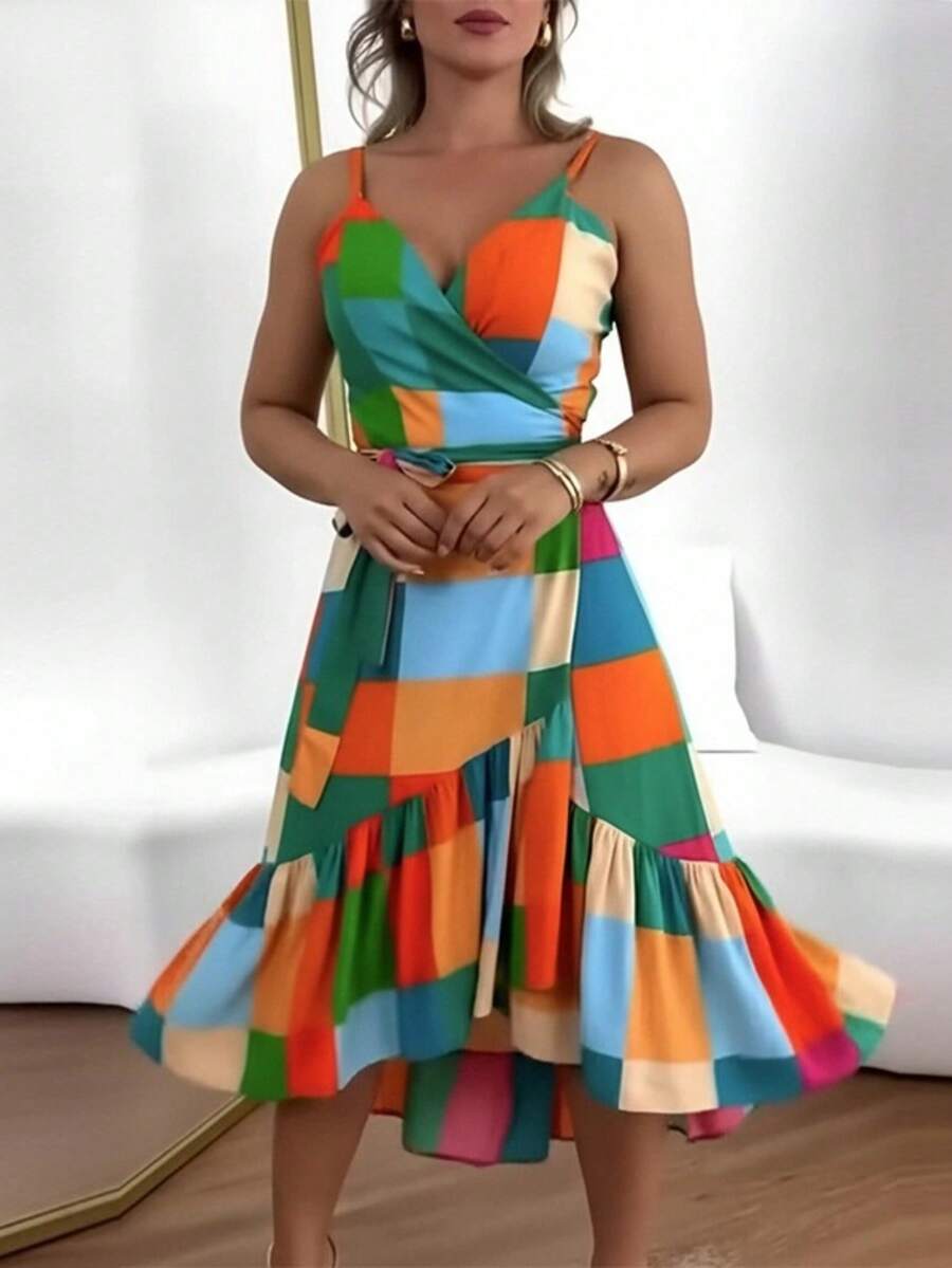 Vestido primavera estilo europeo cuello V estampado con volantes elegante y de moda para mujer - Azul lavado medio - Ver 1