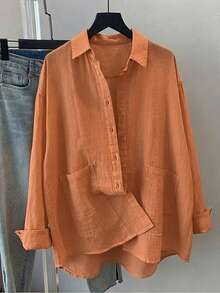 Camisa de manga larga suelta y casual de unicolor con bolsillos para mujer, primavera/verano - Rosa Pálido - Ver 3