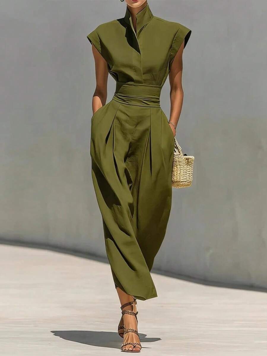 Vestido primavera mujer cuello alto liso con mangas voladoras elegante estilo europeo de moda - Verde - Ver 1