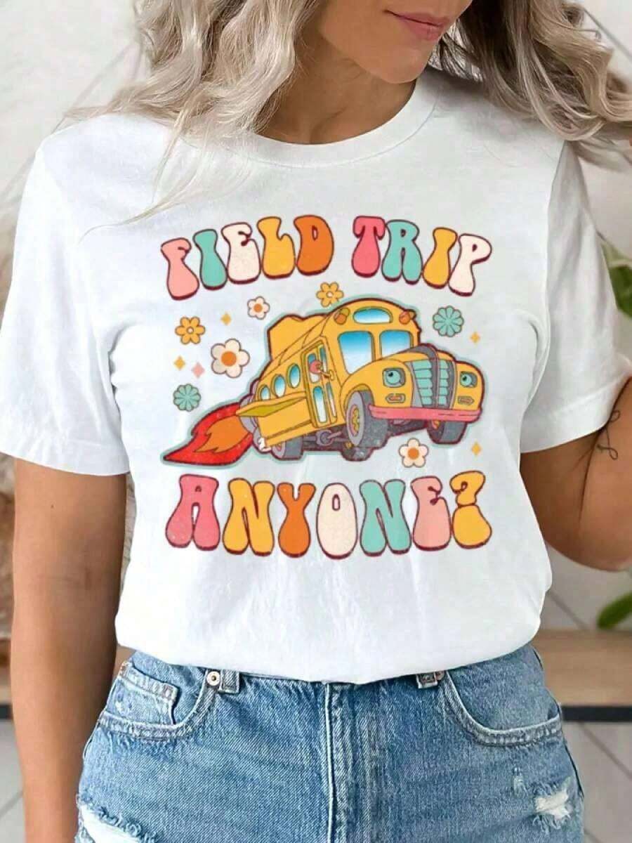 1 "Field Trip Anyone" T-Shirt, School Trip T-Shirt, "Teacher Magic School Bus" T-Shirt, Field Day T-Shirt, "Seatbelts Everyone" T-Shirt, "Frizzle" T-Shirt, Teacher T-Shirt, Oversized Graphic Tees For Women, 100% Cotton, Crew Neck, Short Sleeve, Casual Tops, 180g, 100% Cotton, All Designs Are Printed. Unisex. - 學校旅行襯衫006 - 查看 1