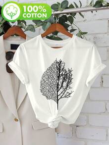 Modern, Casual Women's T-Shirt, Perfect For Parties And Lounging At Home, 100% Cotton, Loose Fit. Plus Size - Plus Size - Tree & Leaf Fusion Plus Size Women's Printed Casual Round Neck Short Sleeve Top 100% Cotton - 白色 - 查看 1
