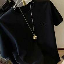 1 Pieza de Moda Casual para Hombres y Mujeres, Camiseta de Manga Corta con Estampado Simple para Mujer, Cuello Redondo, Camiseta Estampada, Top Holgado y Cómodo para Mujer, Versátil para el Verano, fácil de combinar, para uso diario, estilo urbano, ropa de vacaciones, ropa de fin de semana. - Negro - Ver 3