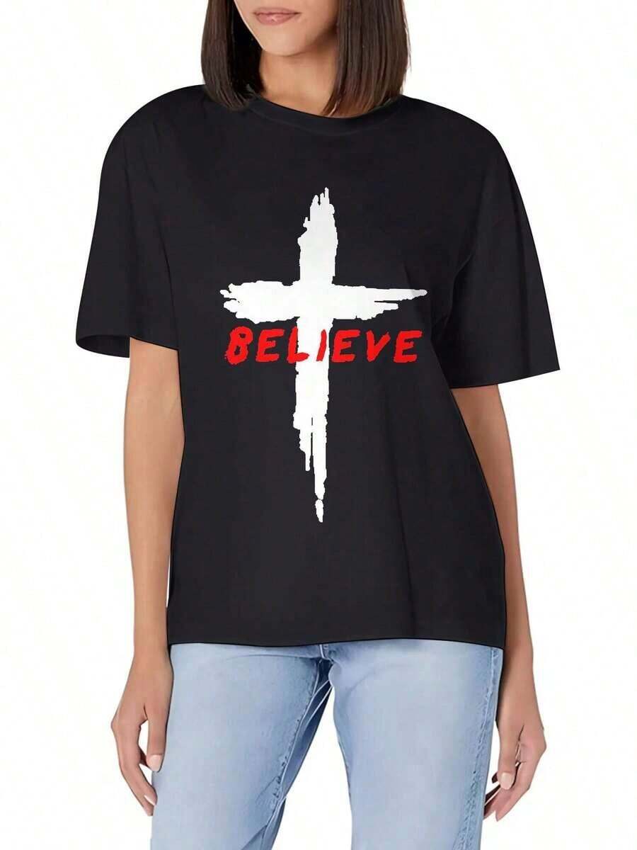 Camiseta Básica de Cuello Redondo para Hombre Believe Christian Cross Jesus Christ Christians - Algodón Suave, Corte Ajustado, Versátil para Uso Diario en Verano - Negro - Ver 1