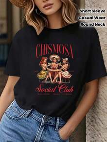 Camiseta Wo's Chismosa Social Club - Camiseta de estilo mexicano de inspiración latina - Camiseta negra de corte ajustado, adornada con vibrantes apliques culturales mexicanos (la palabra "Gossip"), de manga corta, cuello redondo, estilo casual, adecuada para eventos de habla hispana y para combinar con atuendos tradicionales mexicanos para el verano. - Negro - Ver 3