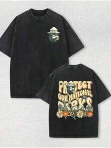 1 Piece Unisex Oversized Crew Neck Short Sleeve T-Shirt, Distressed And Washed, 100% Heavyweight 220g Cotton, Designed By Y2K Artists In A Vintage American Style, Graphic Print Of City Names, Ideal For Everyday Wear, Concerts And Festivals - 黑色 - 查看 1