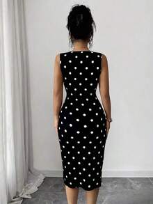 Vestido midi elegante sin mangas con estampado de encaje 3D, cuello superpuesto, cinturón en la cintura, uso diario casual, vestido de encaje elegante en color albaricoque - Negro 2 - Ver 2