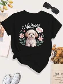 [Print Design]Large Size Women'S Casual Sports T-Shirt |   Maltipoo Mom Floral Portrait, Medium Stretch Fabric, Crew Neck, All-Season[Suitable For Leisure And Sports Activities] - Multicolor - View 2