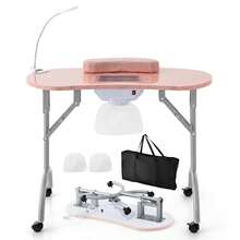 GOFLAME Manicure Nail Table With Electric Dust Collector Foldable Nail Table With Bendable LED Lamp And Wrist Pad 4 Lockable Wheels Spa Salon Workstation - Pink - View 1
