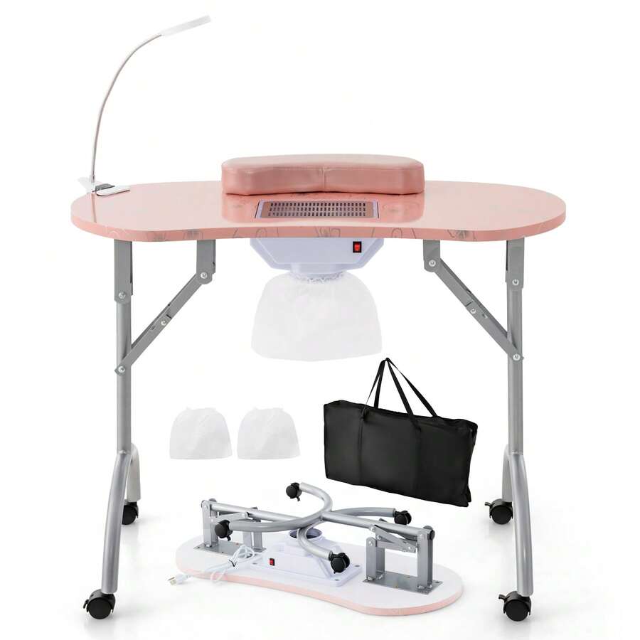 GOFLAME Manicure Nail Table With Electric Dust Collector Foldable Nail Table With Bendable LED Lamp And Wrist Pad 4 Lockable Wheels Spa Salon Workstation - Pink - View 1