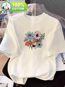 Camiseta de mujer, camiseta casual de manga corta con cuello redondo, 100% algodón puro, la elección perfecta para primavera y verano, camiseta para uso diario.| Estampado con combinación de flores frescas y vintage| Tela ligera, top casual de corte holgado para el día a día, transpirable y cómodo, imprescindible para todas las estaciones (lavable a máquina) - Ropa para el fin de semana, diseño divertido, camiseta de cuello redondo para mujer. - Blanco - Ver 1