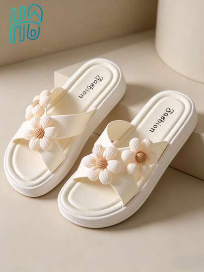 Sandalias decoradas con flores cómodas y de moda para mujer, uso diario casual, chanclas tipo slip-on para la playa, sandalias de verano para mujer, esencial de playa, atuendo de verano para mujer, chanclas blancas, sandalias blancas