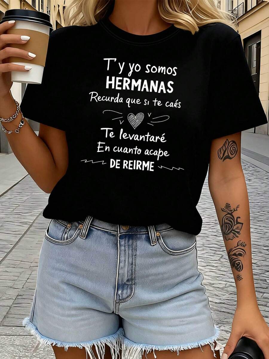 Limited Edition: Women's T-Shirt With Fun Spanish-Style Heart Print "U And I Are Sisters", For Sister Reunions, Family Parties, Warm And Humorous Short-Sleeve T-Shirt, Atmospheric, Lightweight Cotton - 黑色 - 查看 1