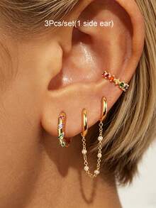 3 Stücke/Set Ohrringe für Frauen, vergoldet mit mehrfarbigem Zirkonia, Ohrmanschette mit Kette, doppelter Creolen-Ohrringe, Stapel-Ohrringe, Damen Schmuck Accessoires für den täglichen Gebrauch - 3 Teile/Satz (1 Seitenohr) - Übersicht 12