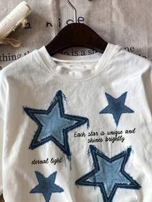 GiftGraphic T-Shirts, Women's Casual Short Sleeve T-Shirt With Star And Letter Print, 100% Cotton, Soft - 白色 - 查看 6