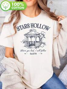 Gilmore Blue Gazebo, Gilmore, Printed T-Shirt, Casual Short Sleeve Crew Neck Top, Summer And Spring, Women's Clothing, Comfortable Cotton T-Shirt - 白色 - 查看 1