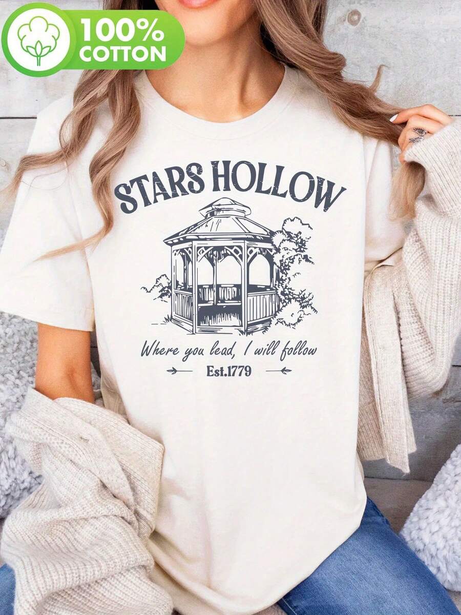 Gilmore Blue Gazebo, Gilmore, Printed T-Shirt, Casual Short Sleeve Crew Neck Top, Summer And Spring, Women's Clothing, Comfortable Cotton T-Shirt - 白色 - 查看 1