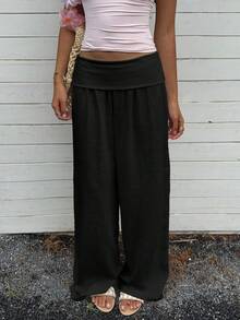 Women's Low Waisted Pants Solid Color Wide Leg Loose Fit Trousers Women Comfortable Casual Daily Wear - Negro - Ver 5