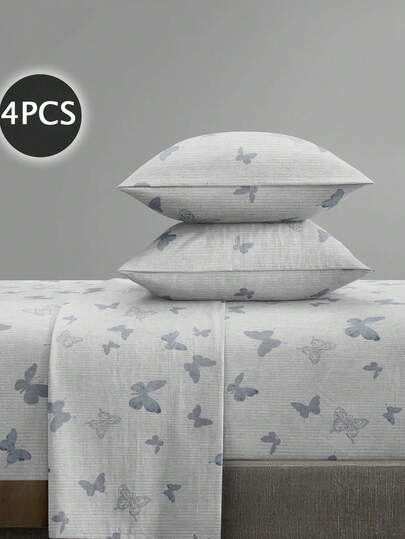 4 piezas Juego de ropa de cama con patrón de mariposa a rayas grises - Incluye 1 sábana plana, 1 sábana ajustable, 2 fundas de almohada. Microfibra suave, fácil de cuidar, se ajusta a camas King, Queen, Full y Double. Fundas de almohada de 11.8" de profundidad, transpirables y resistentes a las arrugas, estilo de lujo de hotel, gran regalo para mamá, papá, amigos