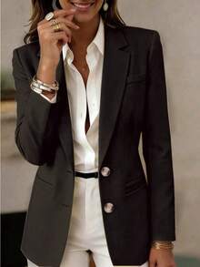 Women's Long Sleeve Lapel Button Jacket, Regular Length Knitted Fabric Lightweight Blazer, Creating Elegant And Fashionable Academic Style Black - Black - View 3