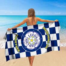 1pc Leeds United AFC Official Badge & Buffalo Check Beach Towel - Quick Dry Polyester Blend, Soft & Lightweight, Suitable For Beach, Pool, Sports Enthusiasts - Blue & Yellow Geometric Design With "Marching On Together" Text, Pool Side Accessory, Beach Sand-Proof Large Absorbent Towel - Bathroom, Swimming Pool - A - View 4