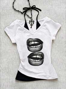 Camiseta de mujer casual de cuello en V retro, con atar, de manga corta y contraste de color, adecuada para el verano - Blanco 2 - Ver 1