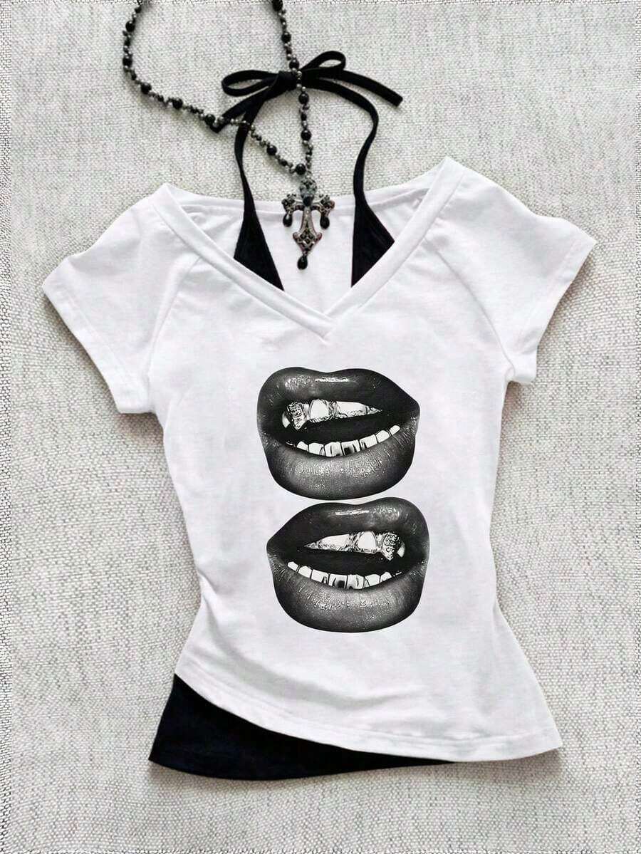 Camiseta de mujer casual de cuello en V retro, con atar, de manga corta y contraste de color, adecuada para el verano - Blanco 2 - Ver 1