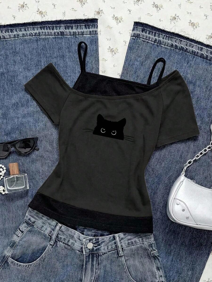 Camiseta de manga corta con estampado de gato negro asomándose en contraste de color, estilo casual y retro, adecuada para el verano - Gris Oscuro - Ver 1