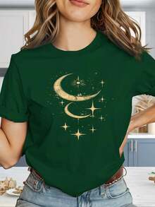 Comfortable And Stylish Women's T-Shirt "Moon Phases And Stars" In Y2K Style With Oversized Logo And Geometric Print - Slim-Fit Short-Sleeve Top, Black And Gold Color Combination, Casual Summer Wear, Machine Washable Stretch Fabric (Anti-Wrinkle), Suitable For Casual Wear And To Match With Other Garments. - 藍色 - 查看 11