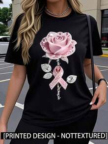 New Fashion Vintage Blouses, Cute 100% Cotton Men's T-Shirts, Manfinity Men1PC, Pink Bright Rose Print, Y2K Style, Women's Summer T-Shirt, Elegant, Comfortable, Breathable, Short Sleeve, Casual And Versatile. - 黑色 - 查看 6