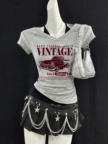 Camiseta de mujer casual de cuello en V retro, con atar, de manga corta y contraste de color, adecuada para el verano - Gris Claro 2 - Ver 8