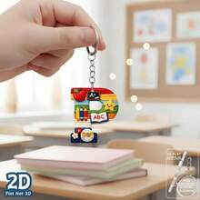 1pc 2D Flat Acrylic Alphabet Keychain, Rainbow Letter Key Ring With School Theme Decor, Personalized Initial Bag Charm, - Multicolor - View 20