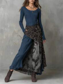 Casual Dress With A Full Skirt, Leopard Print, And Elastic Waistband, New 2026 Collection - 藏蓝色 - 查看 2
