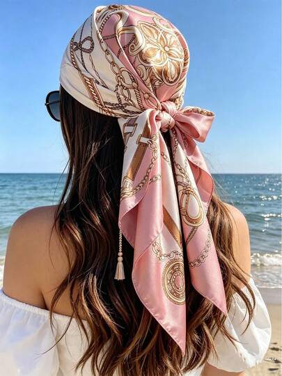 1pc Pink Minimalist Printed 90cm Scarf For Women, Multifunctional Use As Waistband, Decoration, Headscarf, Shawl Or Similar Accessory, Fashionable Boho Style, Suitable For All Seasons