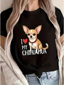 Camiseta para Mujeres Amante de Chihuahuas - Cuello Redondo Suave y Elástico con Texto "I LOVE MY CHIHUAHUA" - Top Negro con Cachorro Marrón y Blanco - Ajuste Holgado para Uso Diario y Dueños de Mascotas - Lavable a Máquina - Negro - Ver 6