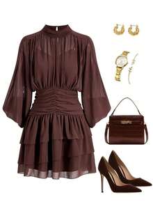 Vestido romántico con mangas de murciélago y dobladillo con volantes, adecuado para citas - Marrón Chocolate - Ver 7