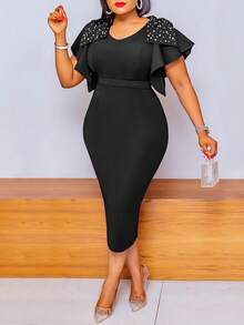 New Summer 2026 Women's European-American Style Evening Dress With Embroidery And Ruffle Edges - Black - View 1