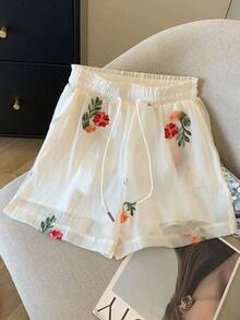 Conjunto de camisa de manga larga de hombros caídos y pantalones cortos de gasa holgada y regular - Blanco - Ver 6
