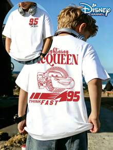 Disney Cars Lightning McQueen Red Line Art And Checkered Flag Printed Summer Tops, Perfect For Cool Boys. Teen Boy Gift,Comfortable And Breathable Children's Short-Sleeved T-Shirt. 180g Pure Cotton Children's Clothes,Suitable For Both Boys And Girls.Suitable For Daily Wear, Vacations, Outdoor Activities, And As A Children's Gift. - 白色 - 查看 1